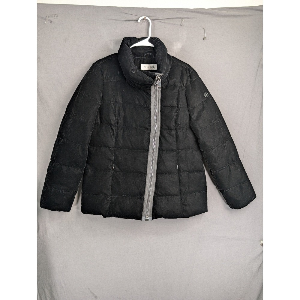 Calvin Klein Womens Black Velvet Puffer Jacket Large Asymmetric Zip Mock Neck
